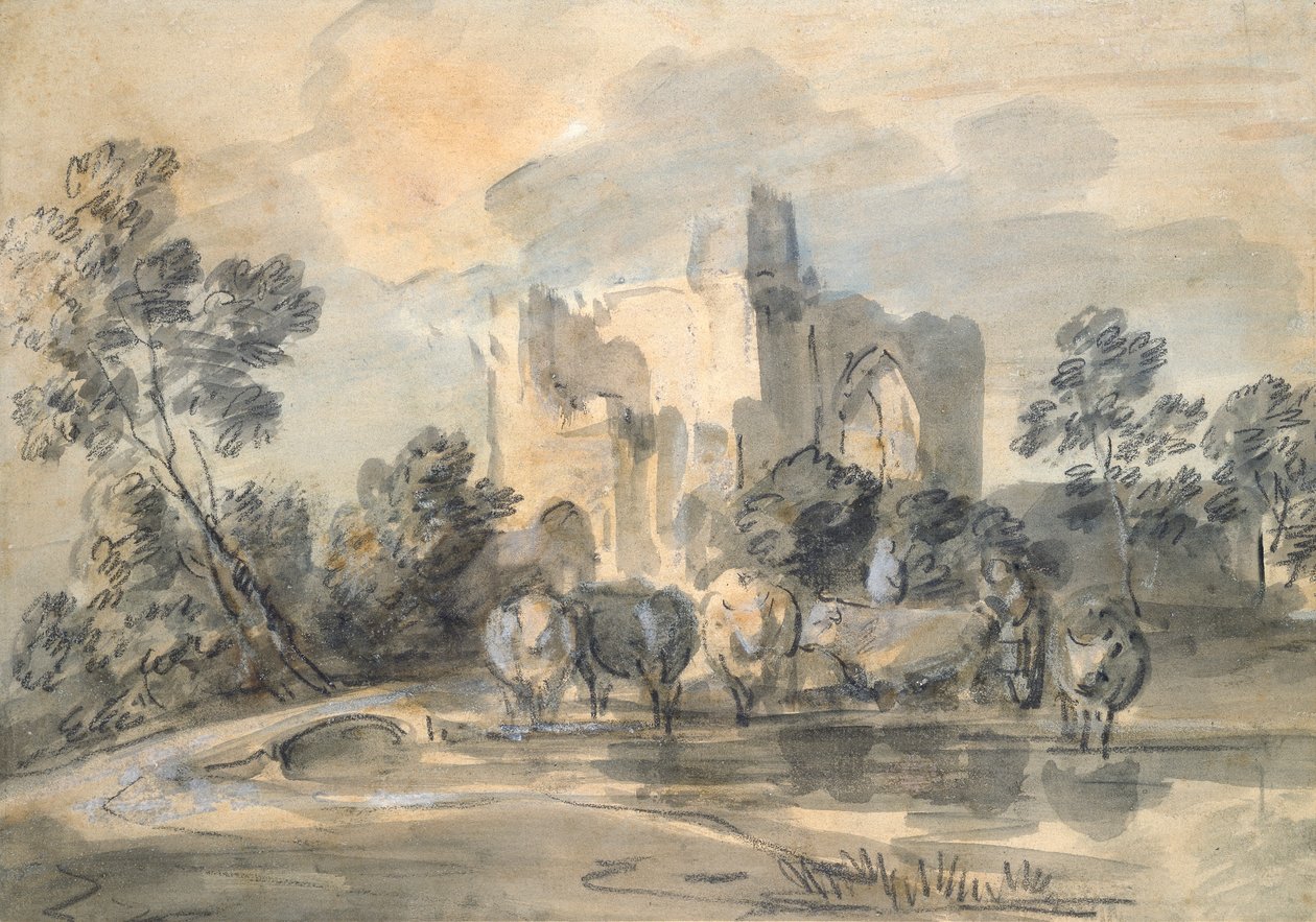 Krajobraz ze zrujnowanym zamkiem i bydłem przy sadzawce, ok. 1770 r. autorstwa Thomas Gainsborough