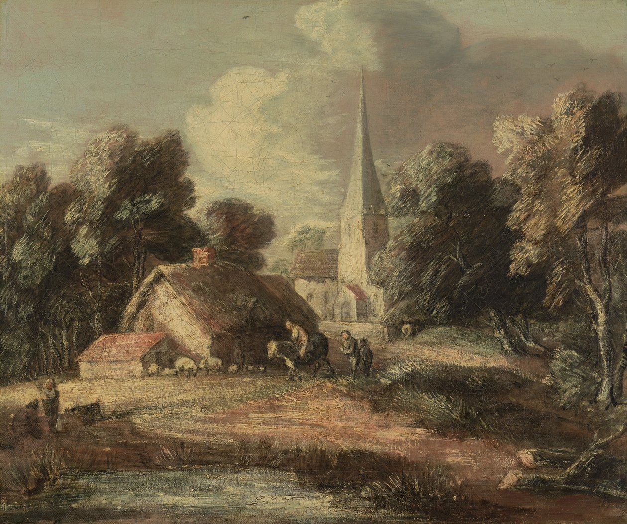 Krajobraz z chałupą i kościołem autorstwa Thomas Gainsborough