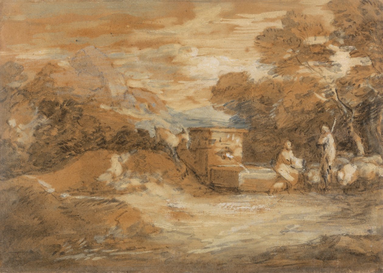 Krajobraz górski z postaciami, owcami i fontanną autorstwa Thomas Gainsborough