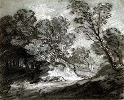 No.0975 Zalesiony krajobraz z odległą górą (kreda na niebieskim papierze) autorstwa Thomas Gainsborough