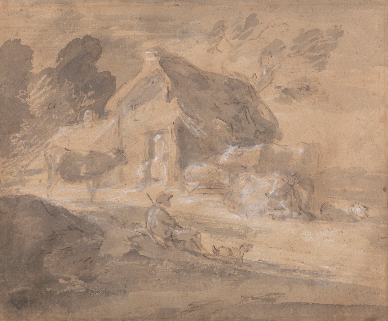 Otwarty krajobraz z postaciami, krowami i chałupą autorstwa Thomas Gainsborough