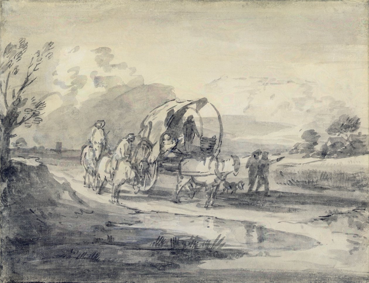 Otwarty krajobraz z pasterzem i przykrytym wozem, ok. 1780-85 (szaro-czarne pranie i kreda położona na papierze) autorstwa Thomas Gainsborough
