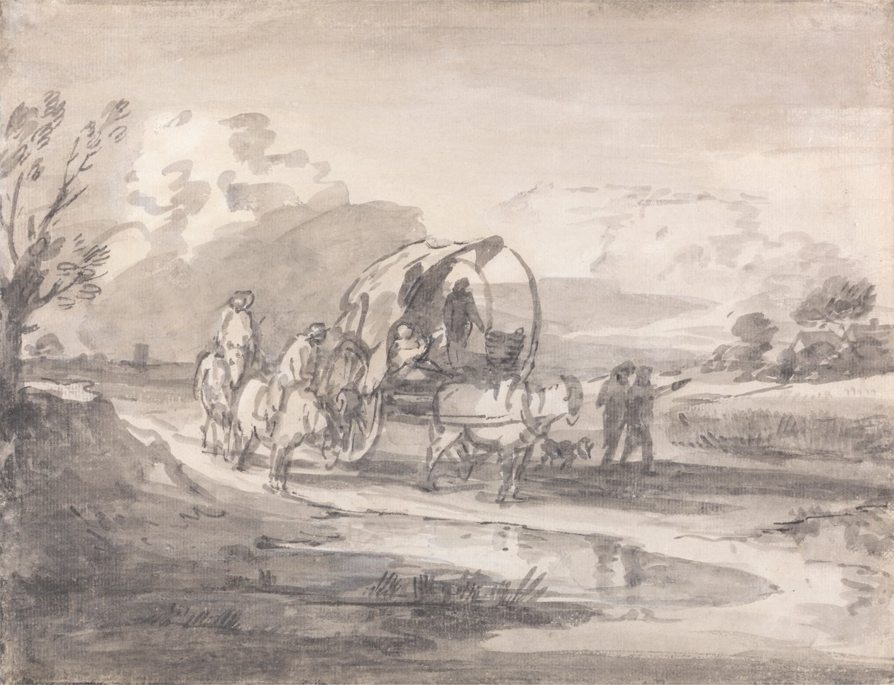 Otwarty krajobraz z jeźdźcami i krytym wózkiem autorstwa Thomas Gainsborough