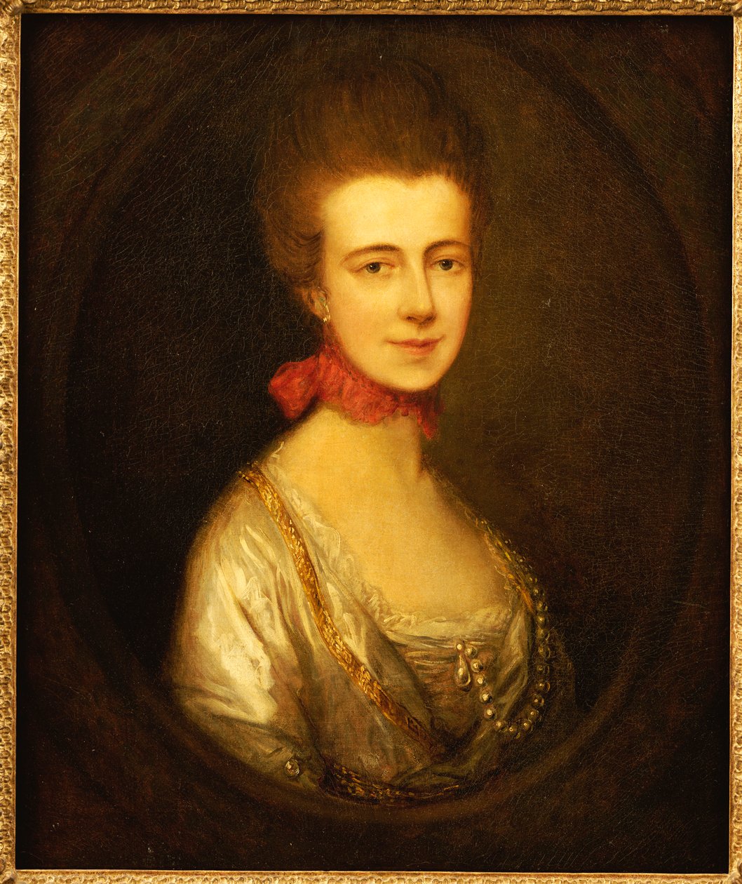 Portret panny Boone w białej sukni ze złotym haftem i perłowym łańcuszku, z czerwoną wstążką na szyi autorstwa Thomas Gainsborough