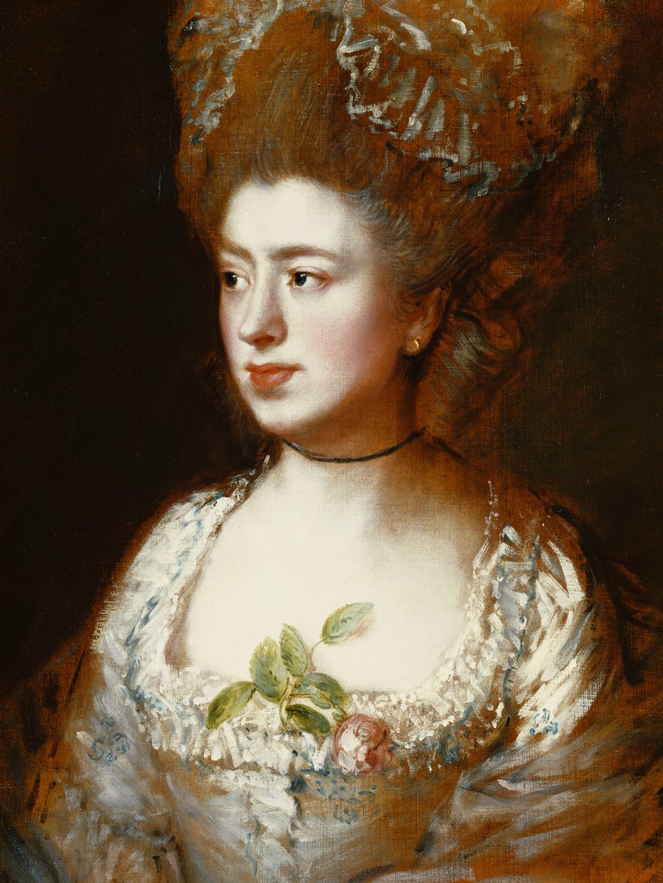 Portret panny Mary Gainsborough, później pani Fischer, córki artystki, z głową z ramionami, zwrócona w prawo, ubrana w niebiesko-białą sukienkę z różową różą w staniku, autorstwa Thomas Gainsborough