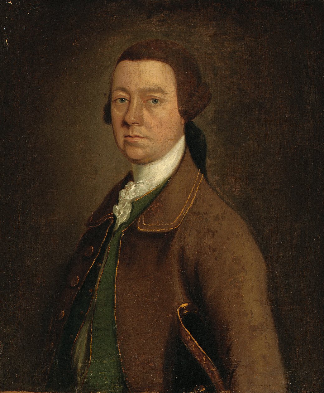 Portret Sir Francisa Skipwitha, do połowy długości, w brązowym płaszczu i zielonej kamizelce z kapeluszem pod lewym ramieniem autorstwa Thomas Gainsborough