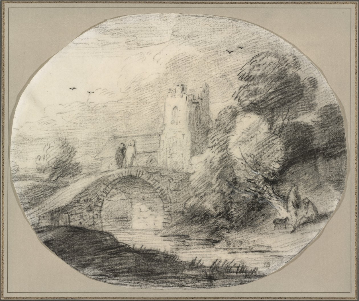 Krajobraz rzeczny z mostem i kościołem autorstwa Thomas Gainsborough