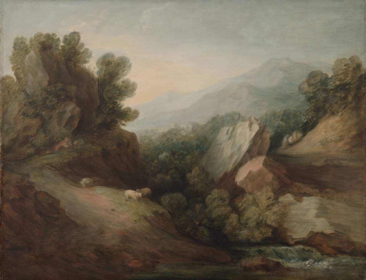 Skalisty, zalesiony krajobraz z doliną i jazem autorstwa Thomas Gainsborough