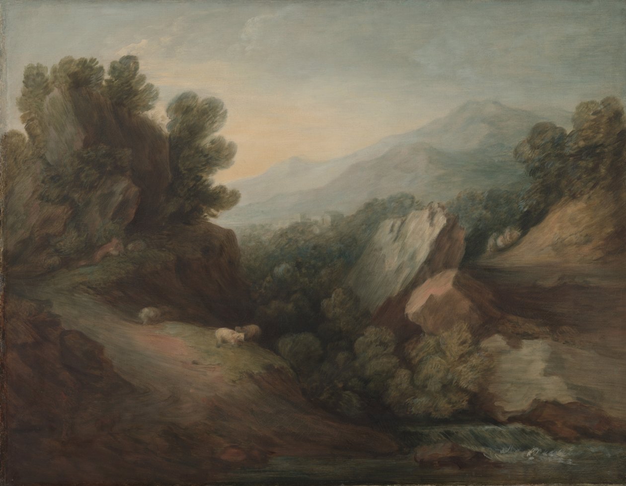 Skalisty, zalesiony krajobraz z dołem i jazem, ok. 1782–83 autorstwa Thomas Gainsborough