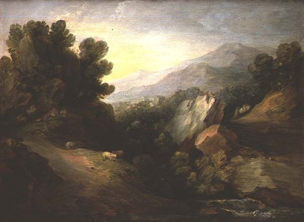 Skalisty, zalesiony krajobraz z owcami przy wodospadzie autorstwa Thomas Gainsborough