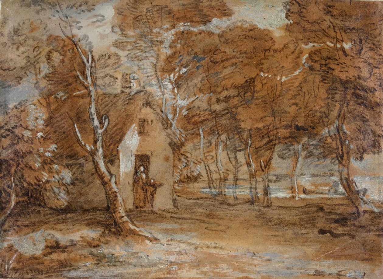 Zalesiony krajobraz, chata, figury i łódź na jeziorze, 1783-1785. autorstwa Thomas Gainsborough