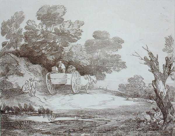 Zalesiony pejzaż, wiejski wózek i postacie (grawerowanie) autorstwa Thomas Gainsborough