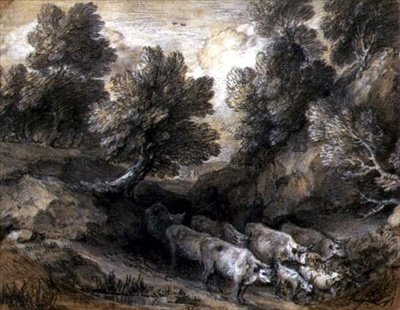 Zalesiony krajobraz z bydłem i kozami, ok. 1768-72 (czarno-biała kreda na papierze) autorstwa Thomas Gainsborough