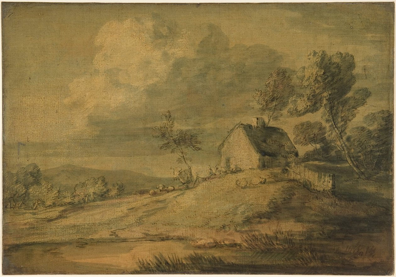 Zalesiony krajobraz z chatą, krowami i owcami autorstwa Thomas Gainsborough