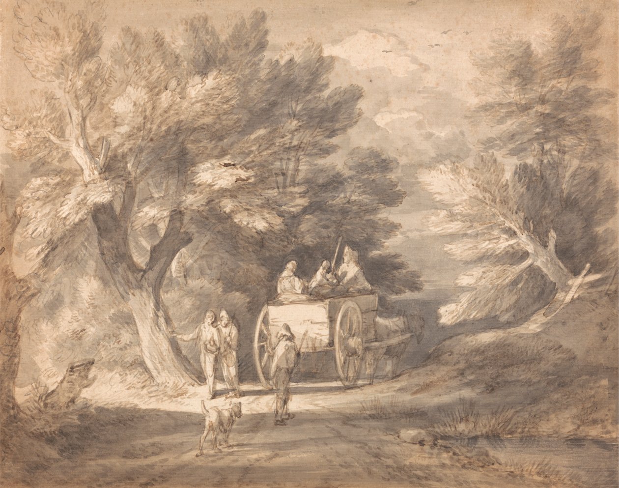 Zalesiony krajobraz z wiejskim wózkiem i postaciami idącymi aleją autorstwa Thomas Gainsborough