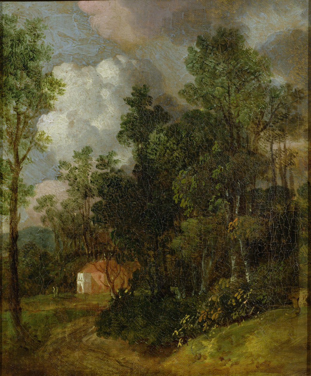Pejzaż leśny z domem wiejskim i dwiema postaciami, ok. 1752 (olej na płótnie ułożony na płótnie) autorstwa Thomas Gainsborough