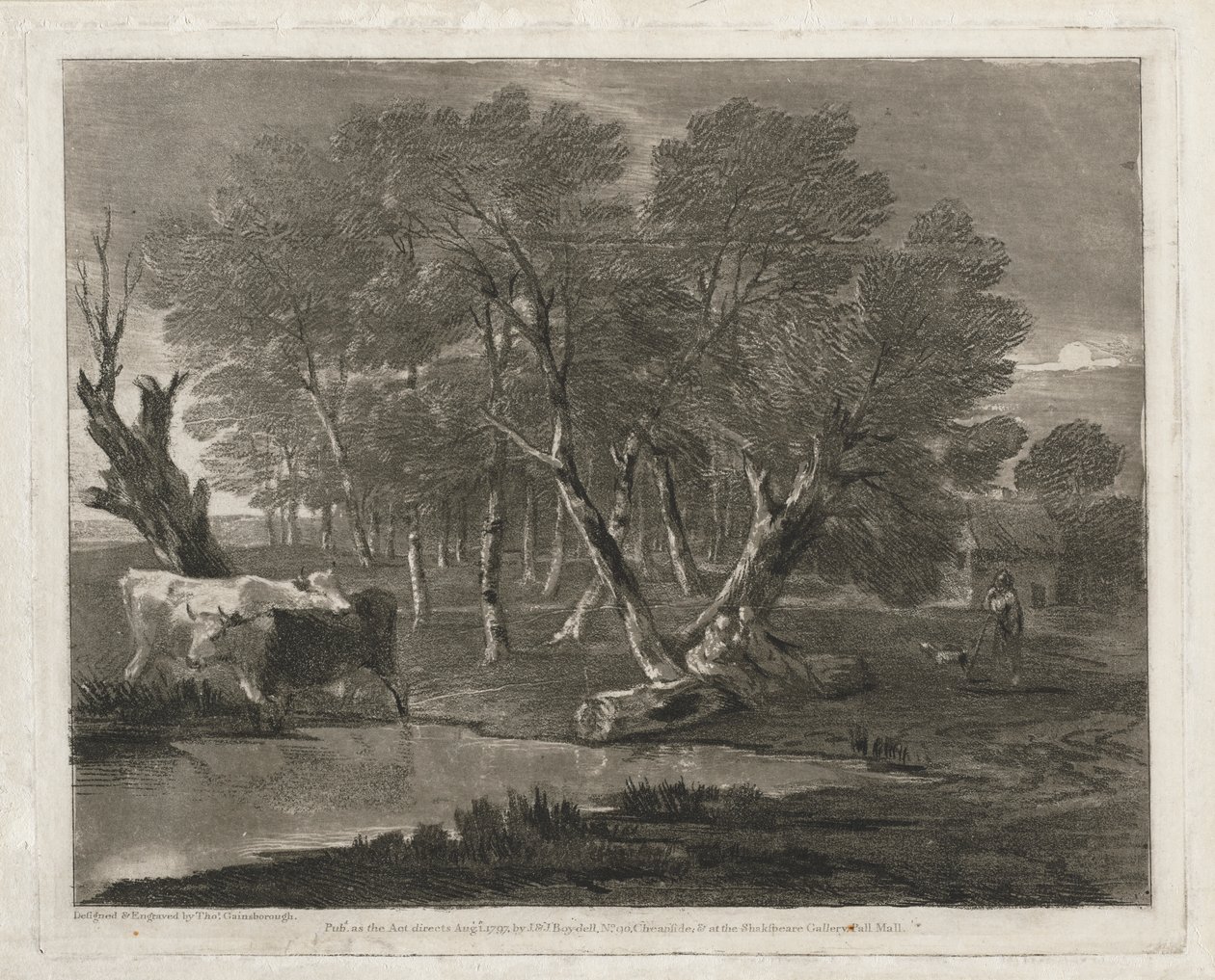 Zalesiony krajobraz z krowami przy basenie, figurami i domkiem autorstwa Thomas Gainsborough