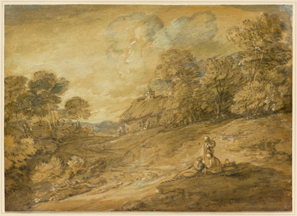 Waldlandschaft mit Figuren und gewundenem Pfad zu einem Cottage autorstwa Thomas Gainsborough