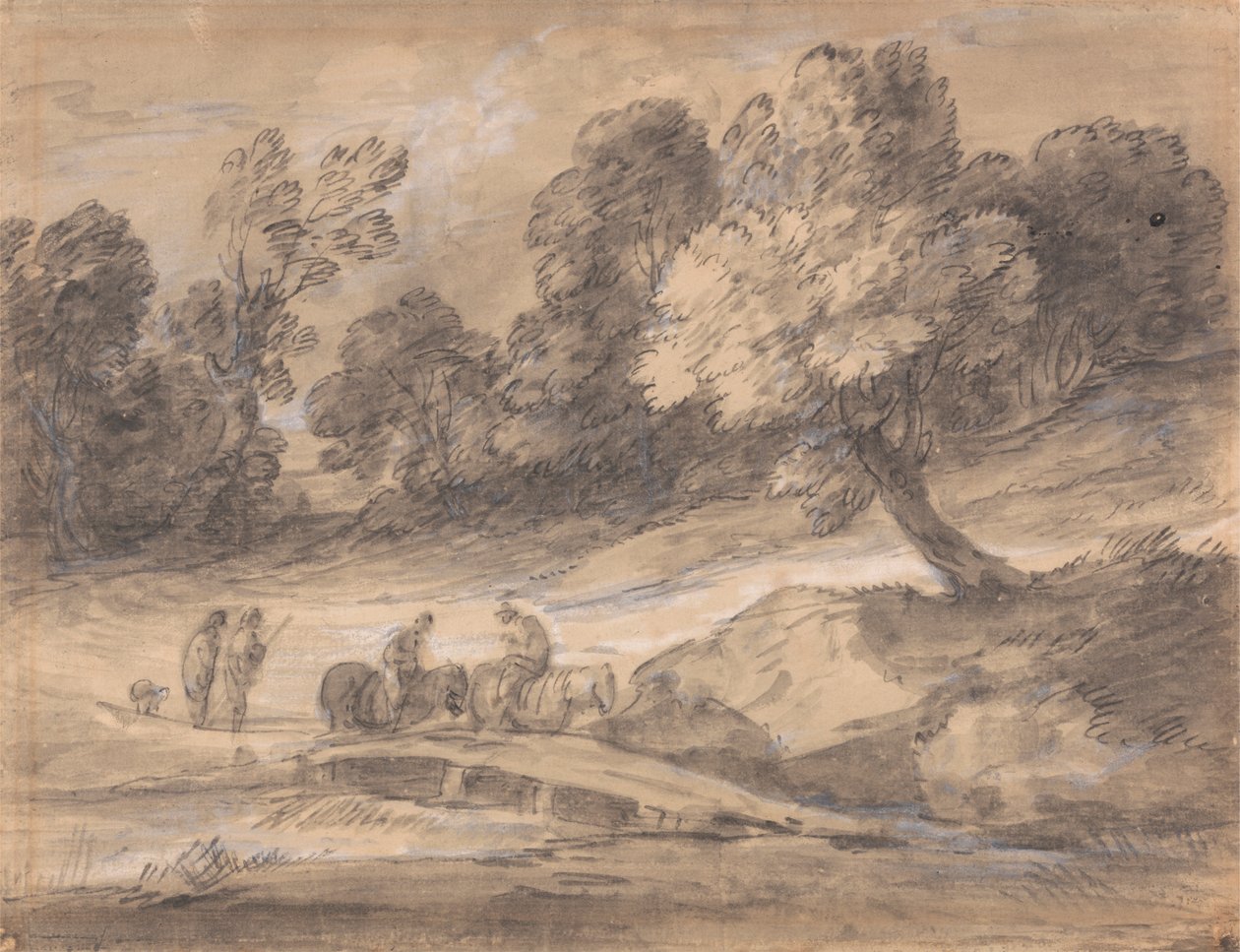 Zalesiony krajobraz z postaciami na koniu przejeżdżającymi przez most autorstwa Thomas Gainsborough