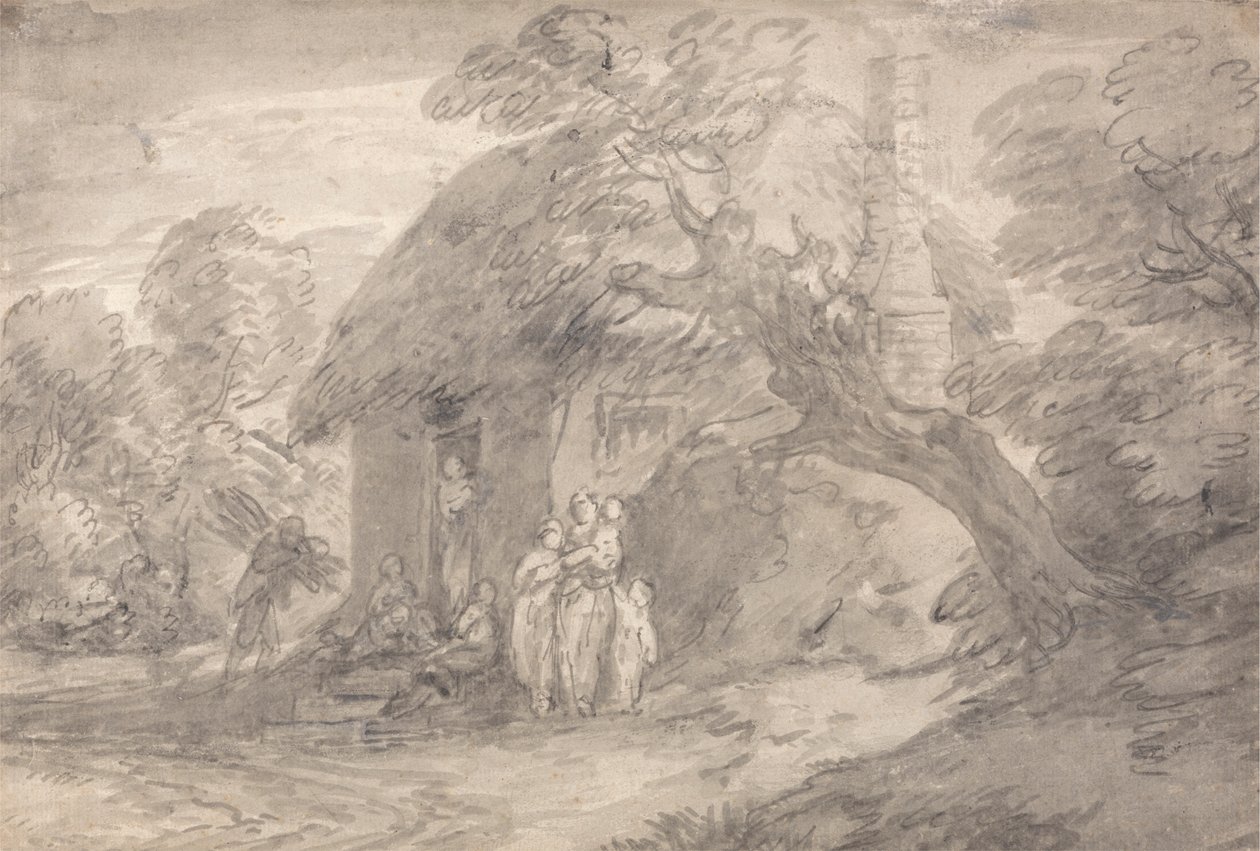 Zalesiony krajobraz z postaciami przed drzwiami chaty autorstwa Thomas Gainsborough