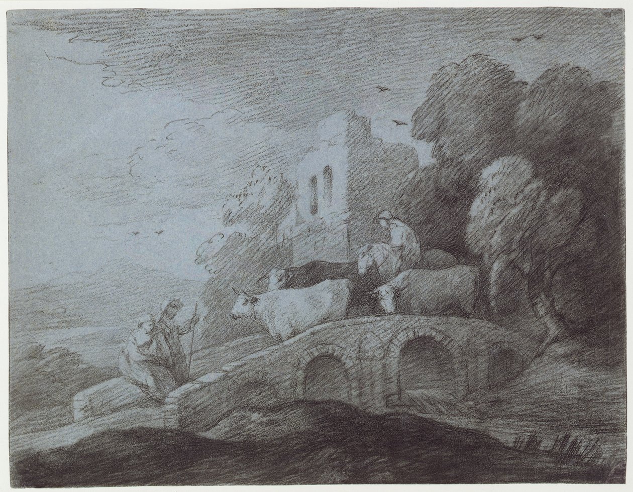 Zalesiony krajobraz z pasterzem prowadzącym bydło (akwaforta na papierze) autorstwa Thomas Gainsborough