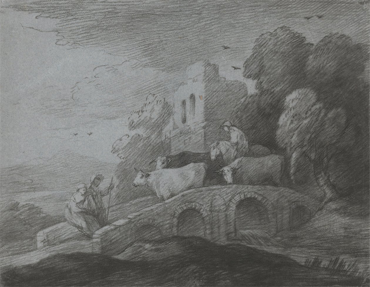 Zalesiony krajobraz z pasterzem prowadzącym bydło przez most, rustykalnymi kochankami i zrujnowanym zamkiem autorstwa Thomas Gainsborough