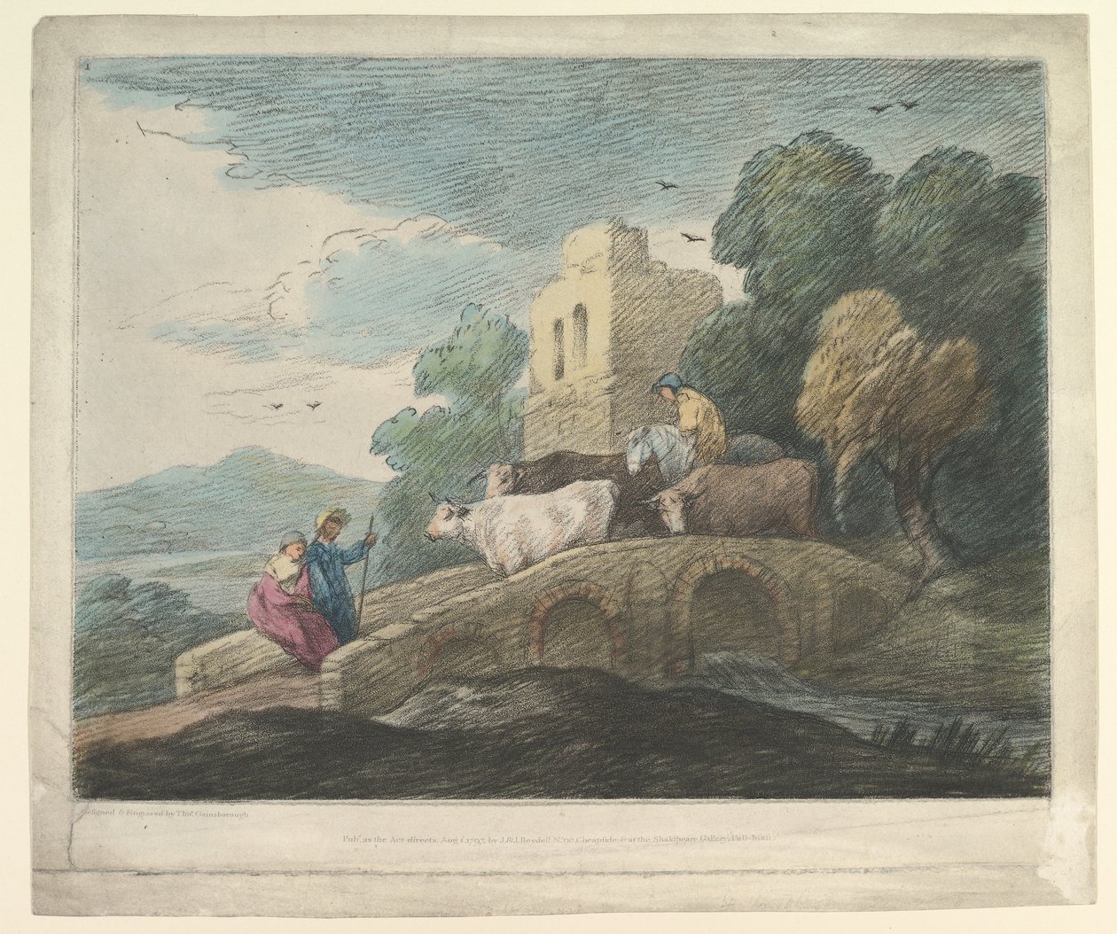 Zalesiony krajobraz z pasterzami prowadzącymi bydło przez most, rustykalni miłośnicy i zrujnowany zamek, 1797. autorstwa Thomas Gainsborough