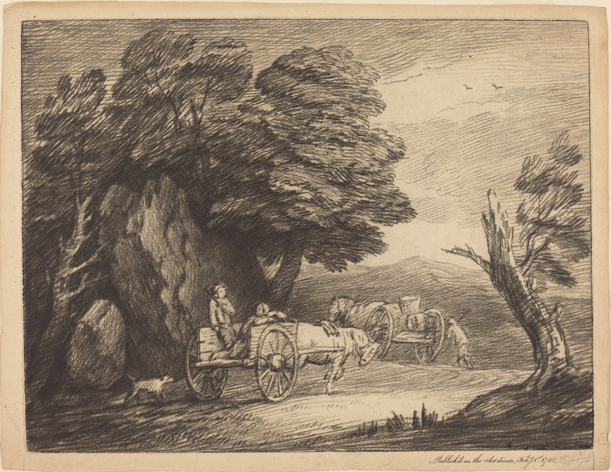 Zalesiony krajobraz z dwoma wiejskimi wózkami i postaciami autorstwa Thomas Gainsborough