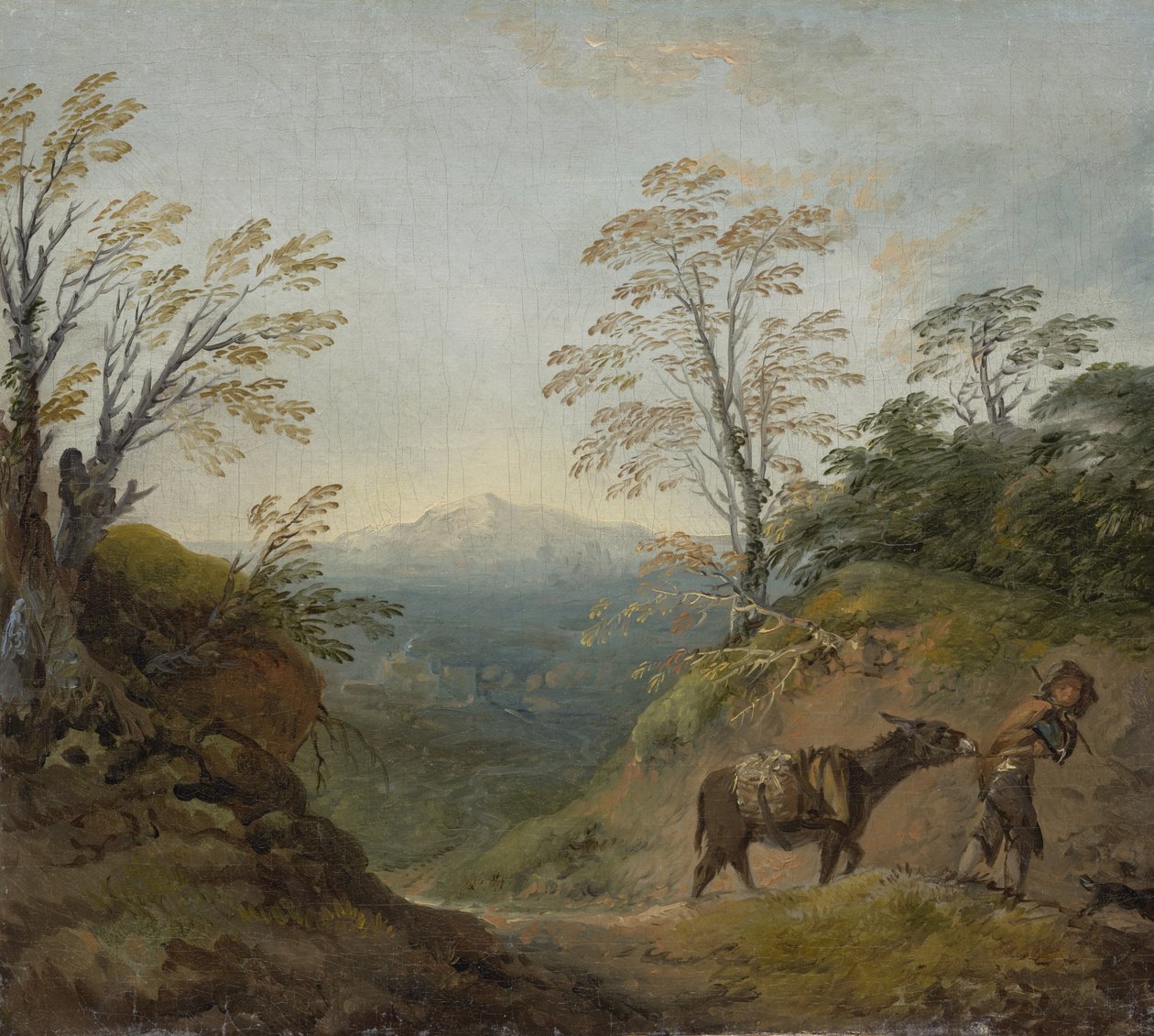 Zalesiony krajobraz z chłopcem prowadzącym osła i psa oraz rozległa panorama z budynkami i odległymi wzgórzami, początek lat 60. XVIII wieku autorstwa Thomas Gainsborough