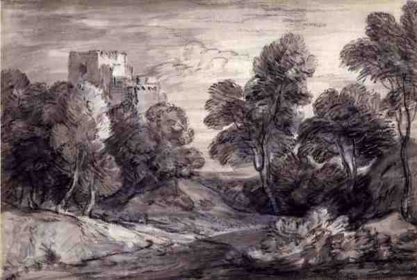 Pejzaż leśny z zamkiem (kreda i węgiel na papierze) autorstwa Thomas Gainsborough