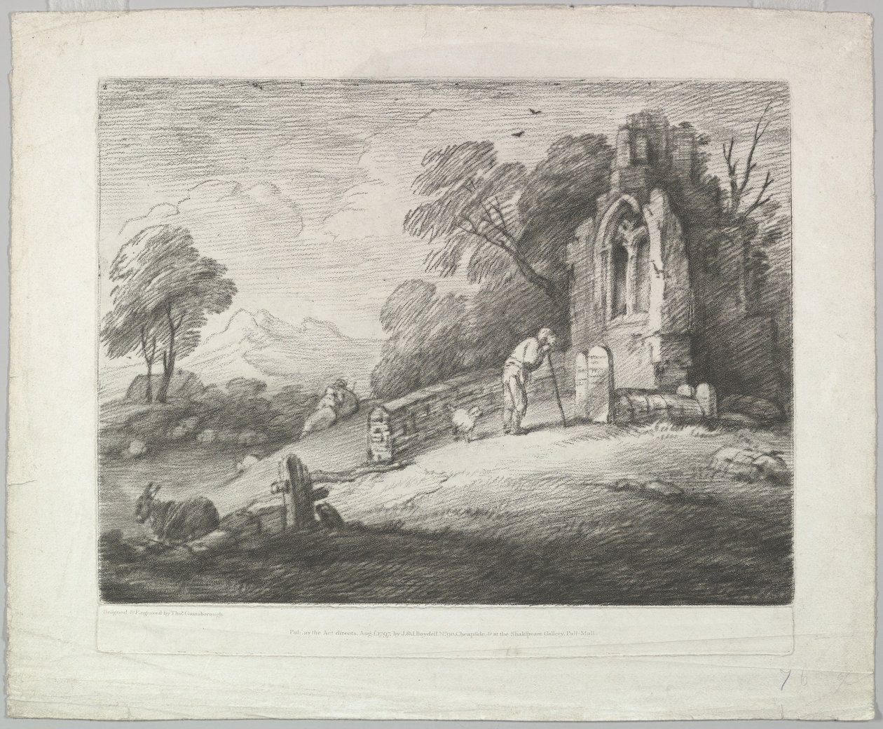 Zalesiony krajobraz z chłopem czytającym nagrobek, rustykalni kochankowie i zrujnowany ..., 1 sierpnia 1797. autorstwa Thomas Gainsborough