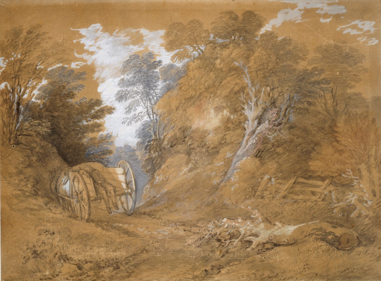 Zalesiony pejzaż z chłopcem śpiącym na wozie, XVIII w. autorstwa Thomas Gainsborough