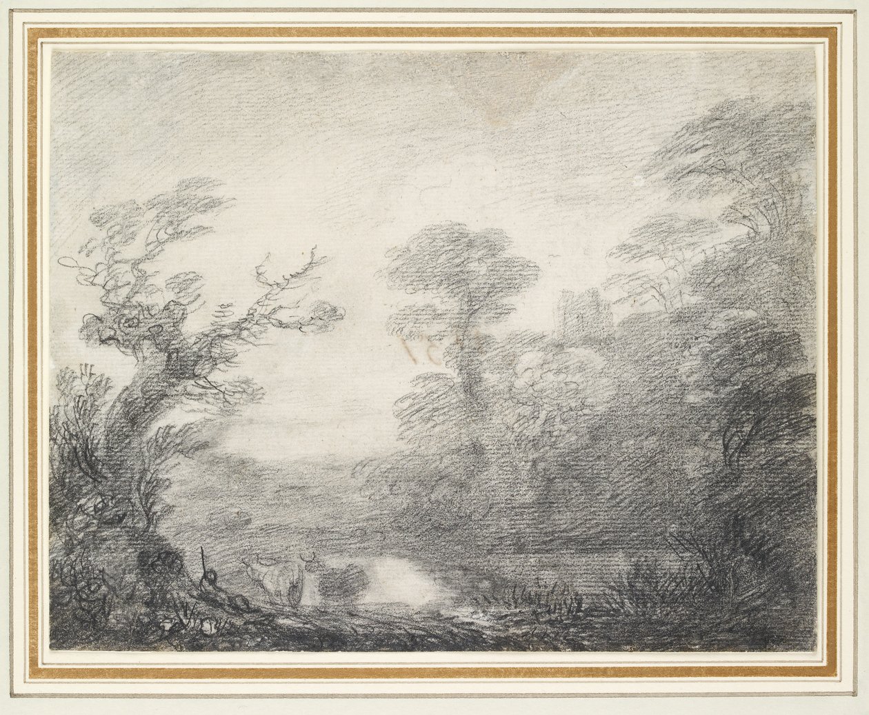 Zalesiony krajobraz z pasterzem, krowami i wieżą kościoła autorstwa Thomas Gainsborough