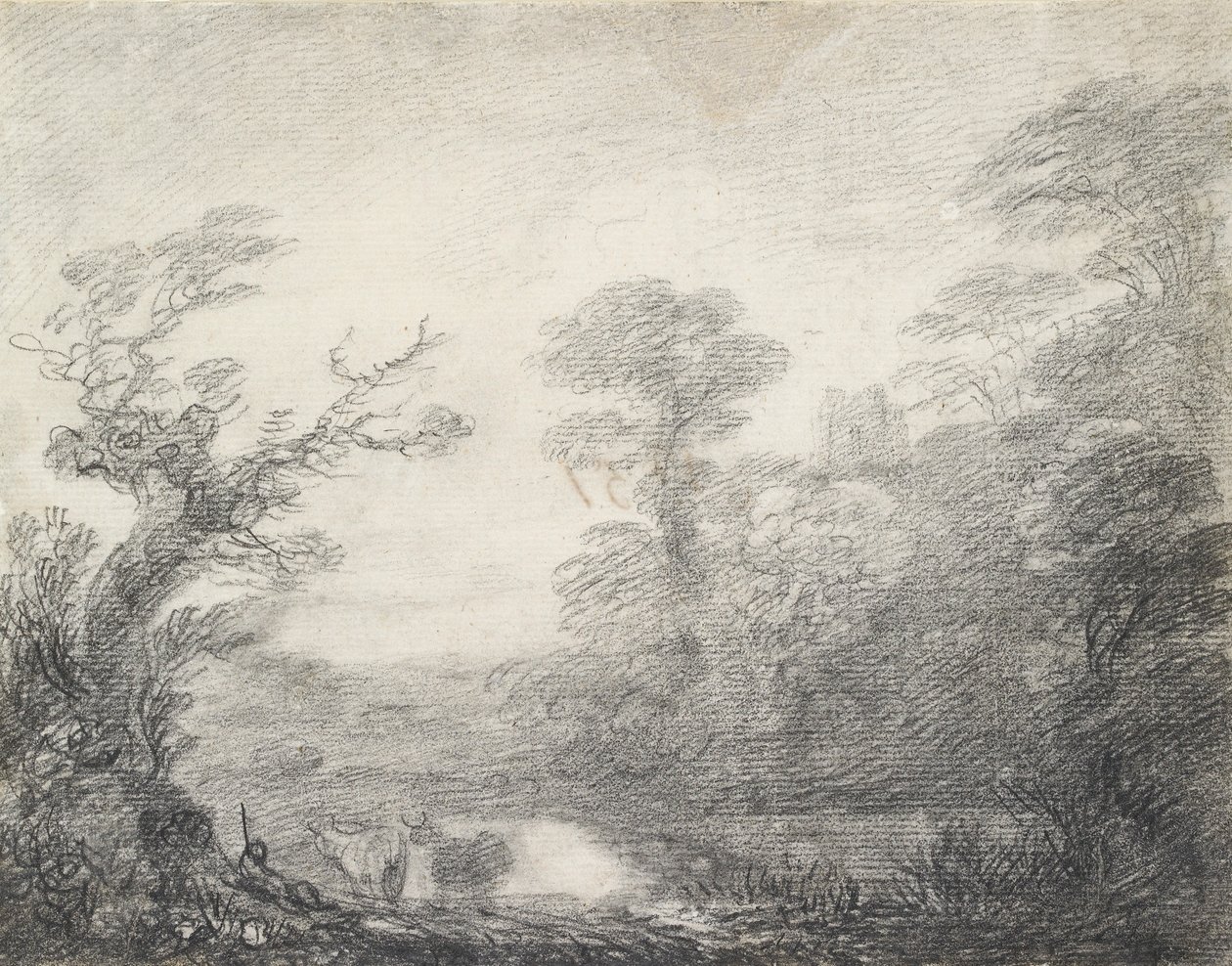 Zalesiony krajobraz z pasterzem, krowami i wieżą kościoła, 1753-1757 autorstwa Thomas Gainsborough