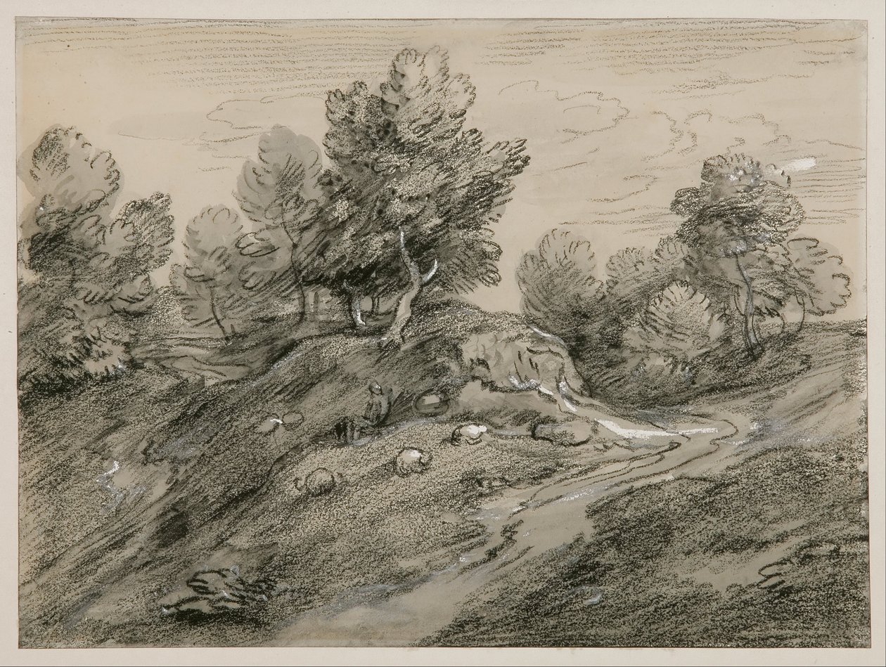 Zalesiony krajobraz wyżynny z pasterzem, owcami i wiejską drogą wijącą się wokół wzgórza autorstwa Thomas Gainsborough
