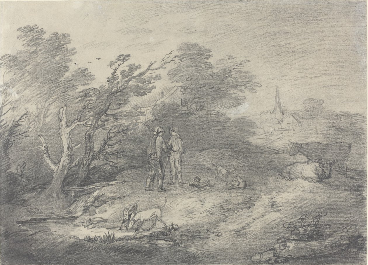 Lasy w pobliżu wioski z łapaczami królików i ich chartami autorstwa Thomas Gainsborough