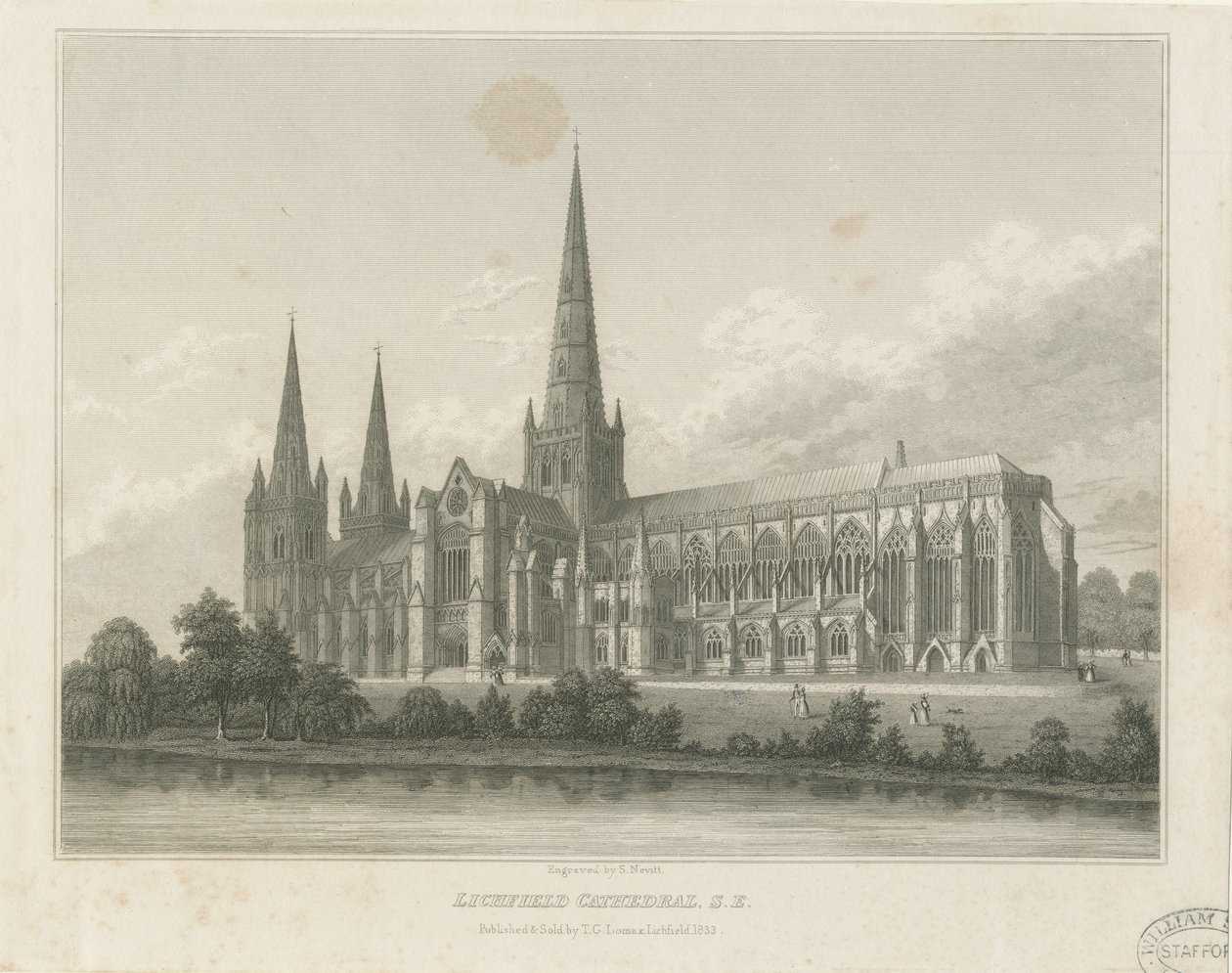 Katedra w Lichfield - widok na południowy wschód: grawerowanie, bd [c 1833] (druk) autorstwa Thomas George Lomax