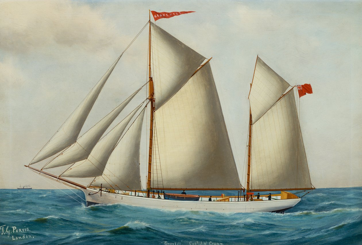 Przedni i rufowy szkuner Grovehill w pełnym żaglu (olej na płótnie) autorstwa Thomas George Purvis