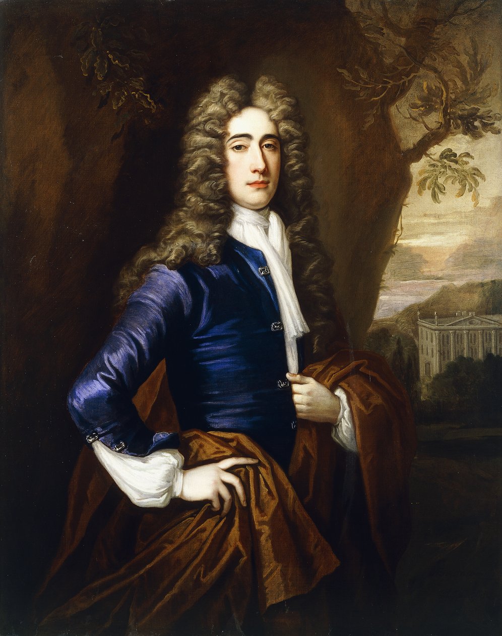 Portret dżentelmena, lat 37, długości 3/4, w niebieskim płaszczu i brązowym płaszczu, z domem w stylu Smitha z Warwick w tle, 1710 autorstwa Thomas Gibson