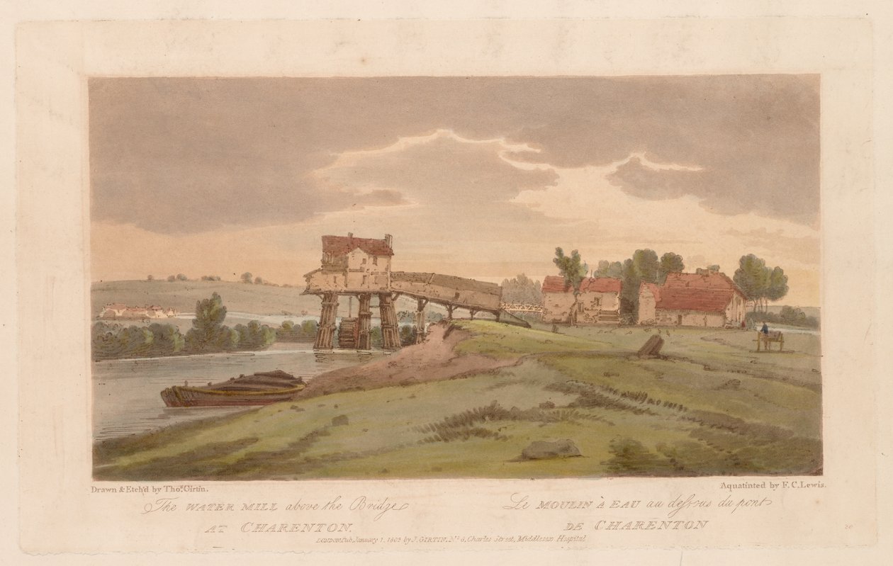 Wybór dwudziestu najbardziej malowniczych widoków w Paryżu: Młyn wodny nad mostem...1803 autorstwa Thomas Girtin