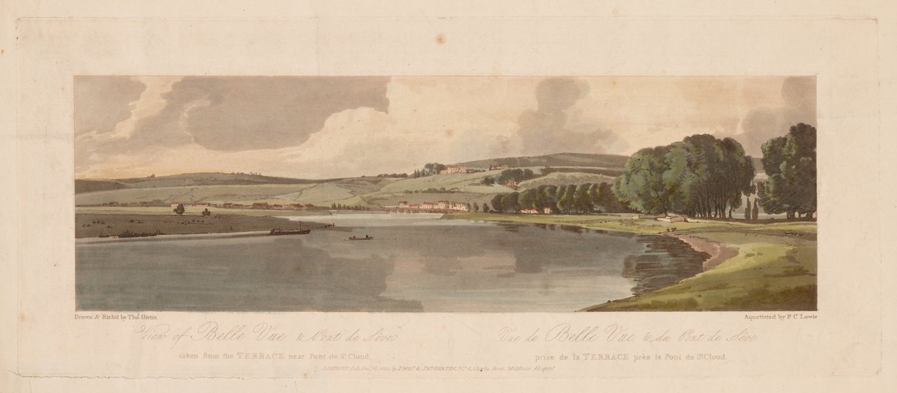 Wybór dwudziestu najbardziej malowniczych widoków w Paryżu: Widok Belle Vue i Pont de Sêve z tarasu w pobliżu Pont de St. Cloud autorstwa Thomas Girtin