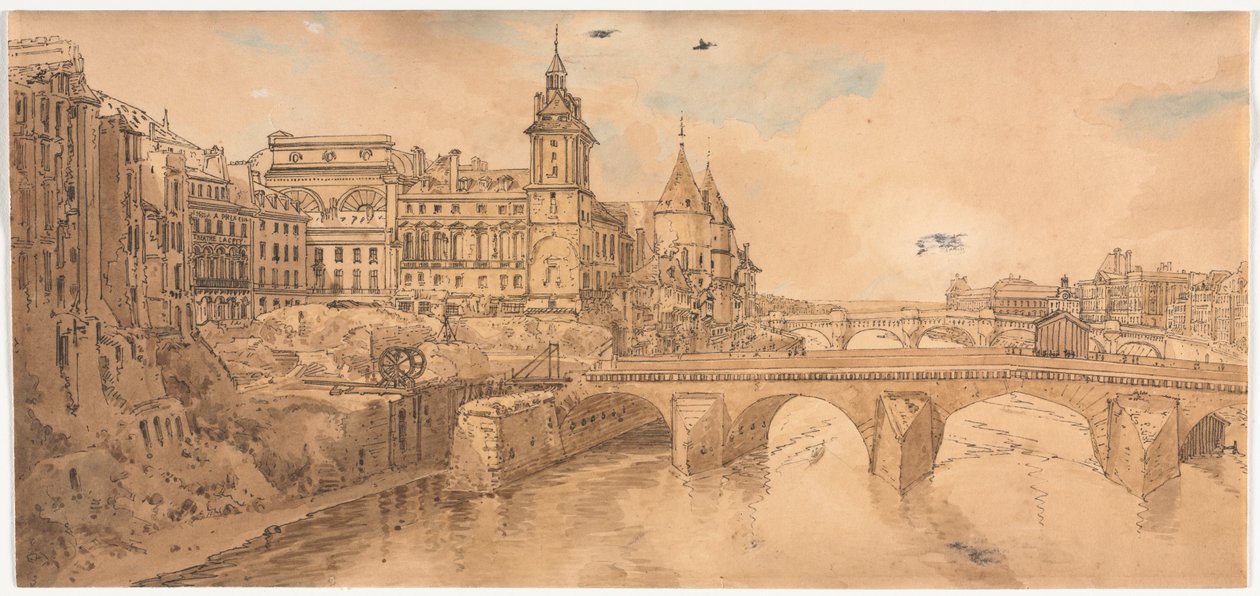 Wybór dwudziestu najbardziej malowniczych widoków w Paryżu: Widok na Pont au Change, Teatr Miejski, Pont Neuf, Więzienie Conciergerie i zaczerpnięte z Pont Notre Dame autorstwa Thomas Girtin