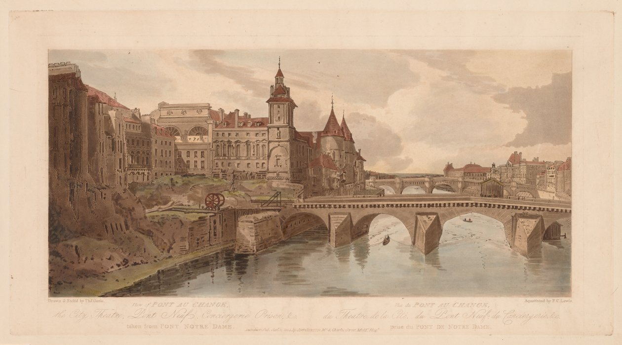 Wybór dwudziestu najbardziej malowniczych widoków w Paryżu: Widok na Pont au Change, Teatr Miejski, Pont Neuf, Więzienie Conciergerie itd. zaczerpnięte z Pont Notre Dame autorstwa Thomas Girtin
