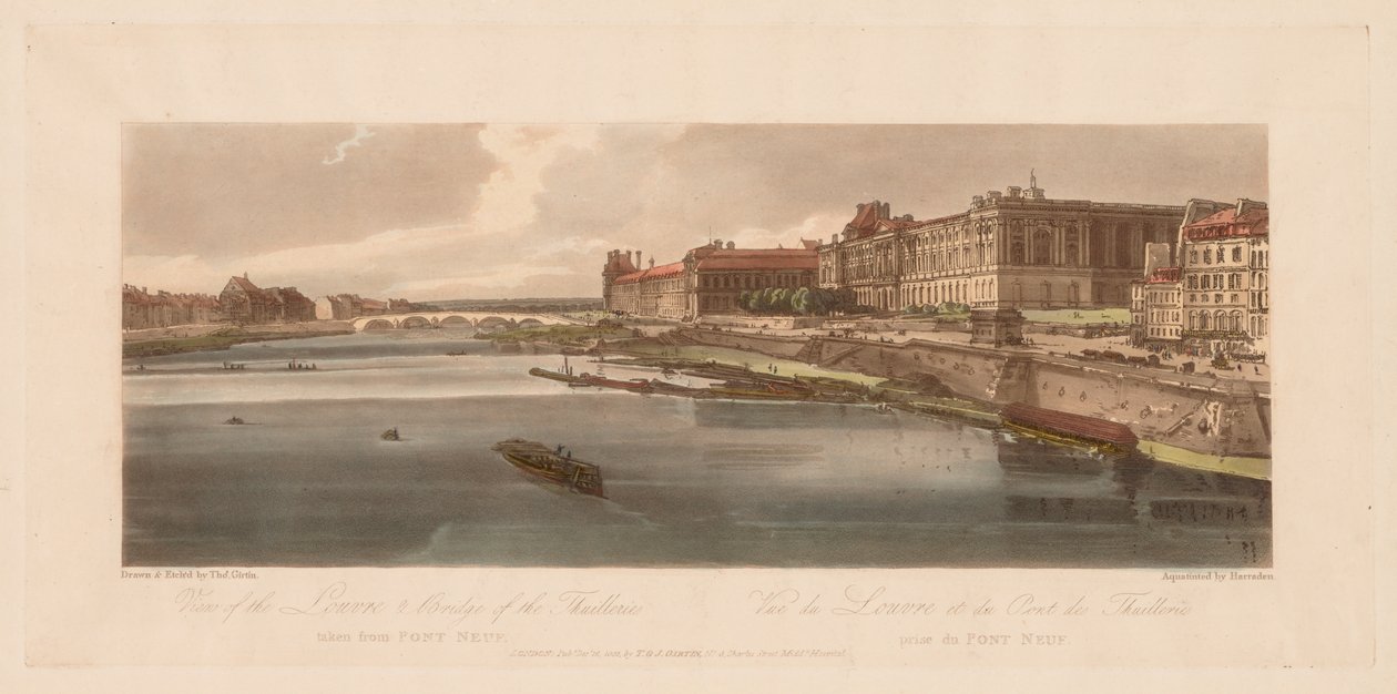 Wybór dwudziestu najbardziej malowniczych widoków w Paryżu: Widok na Luwr i most, 1802. autorstwa Thomas Girtin