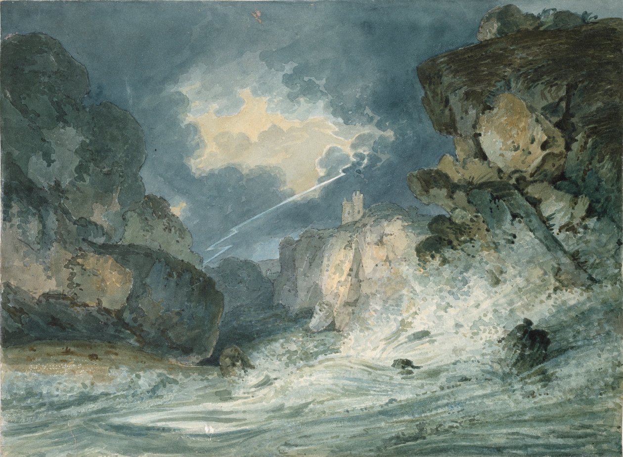 Zamek Dunstanburgh, Northumberland, podczas burzy, ok. 1794 r. autorstwa Thomas Girtin