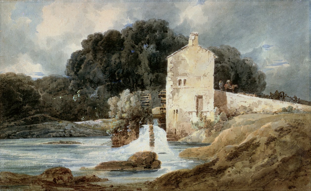 The Abbey Mill, Knaresborough, ok.1801 (akwarela z body na graficie na papierze wykładanym) autorstwa Thomas Girtin