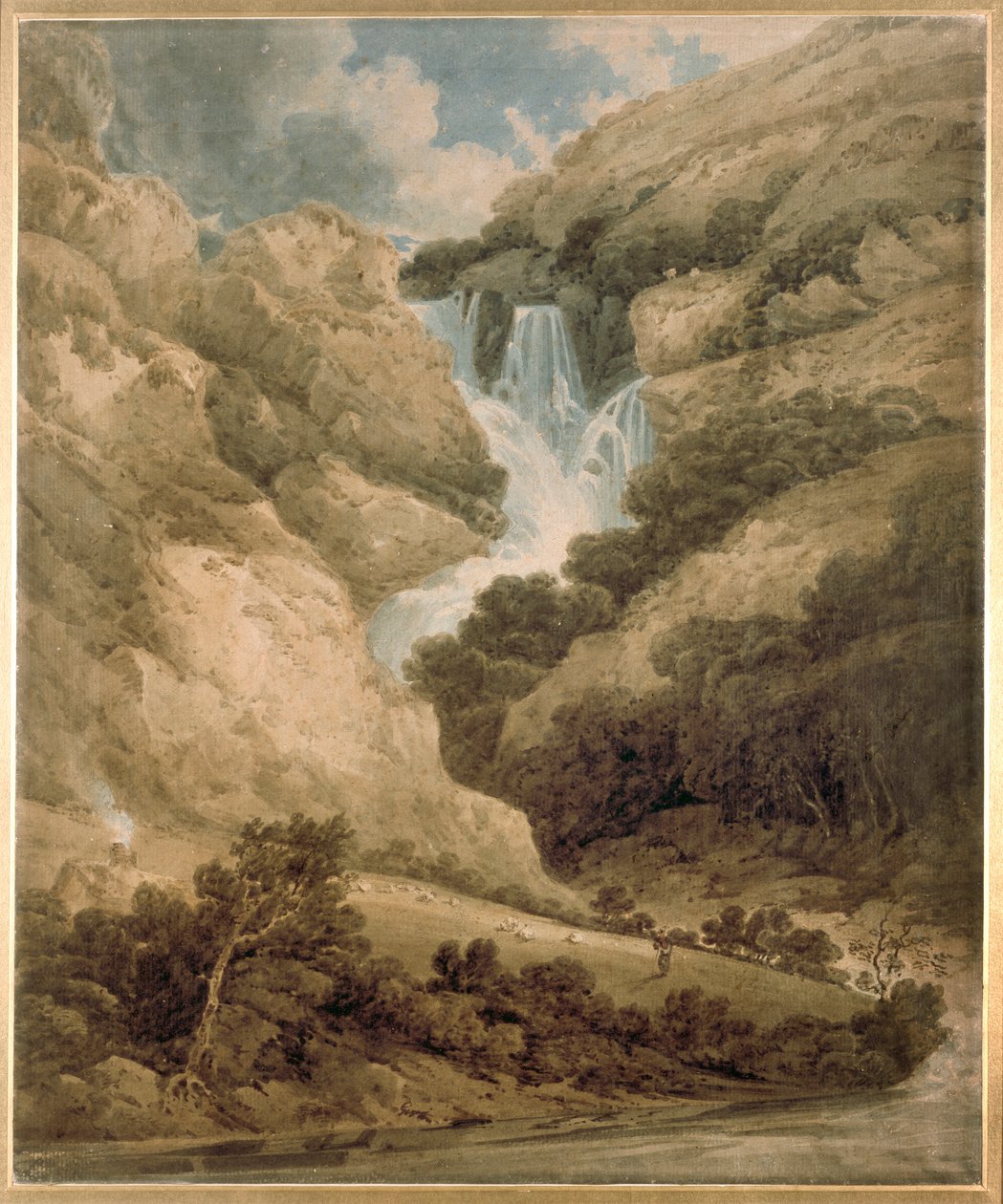 Wąwóz Wathenlath z wodospadami Lodore, Derwentwater, c1801 autorstwa Thomas Girtin