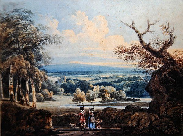 Widok zamku Arundel z panienkami na pierwszym planie, ok. 1796 (akwarela na papierze) autorstwa Thomas Girtin