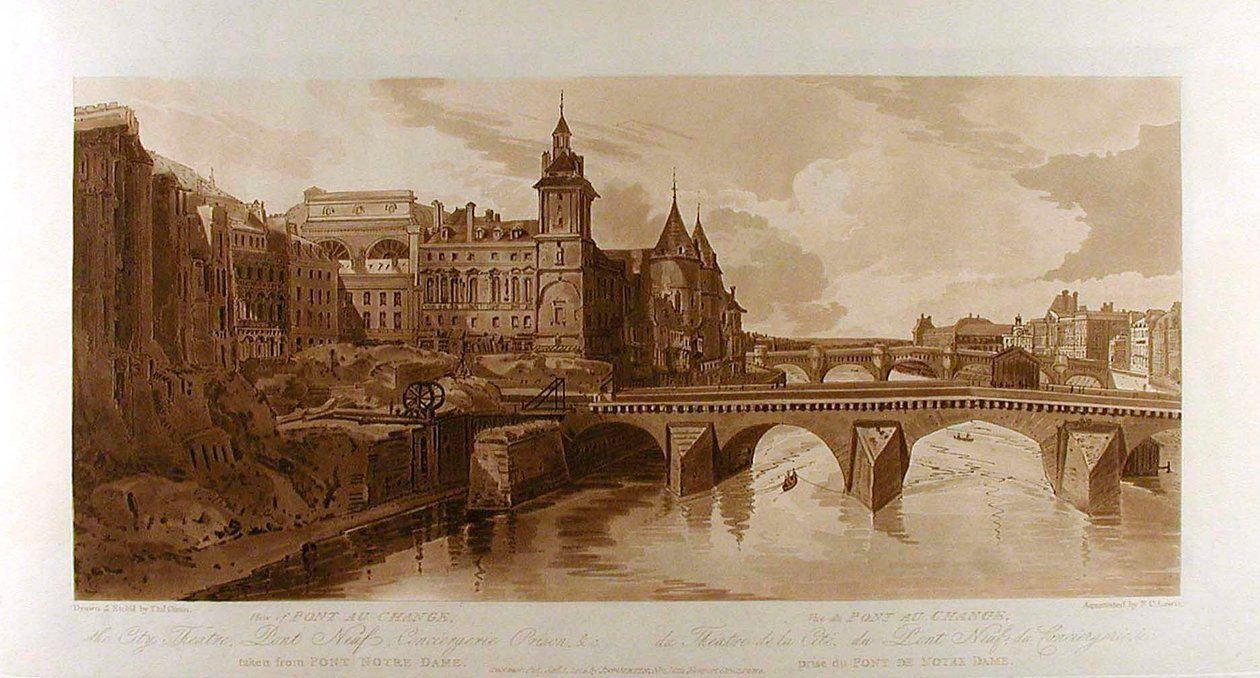 Widok na Pont au Change, Teatr Miejski, Pont Neuf, więzienie Conciergerie itd., widziany z Pont Notre-Dame autorstwa Thomas Girtin