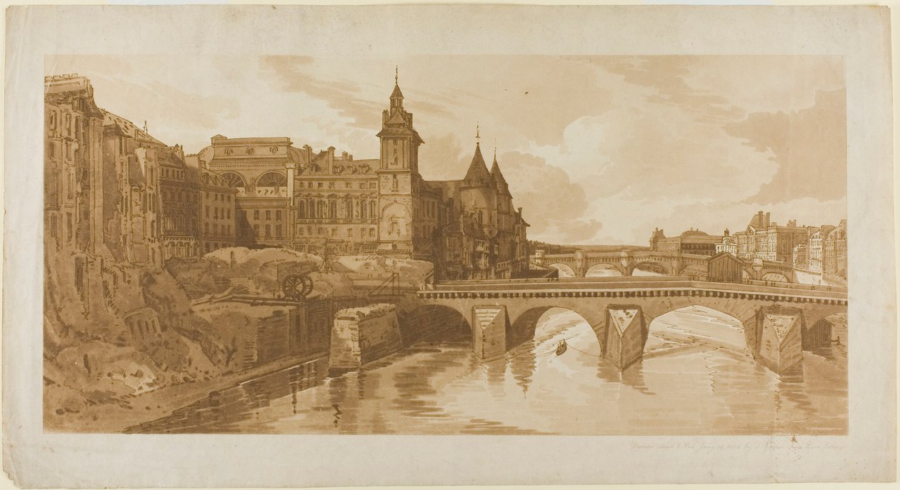Widok na Pont au Change, teatr miejski, Pont Neuf, więzienie Conciergerie itp. zaczerpnięty z Pont Notre Dame, z Wybór dwudziestu najbardziej malowniczych widoków w Paryżu autorstwa Thomas Girtin